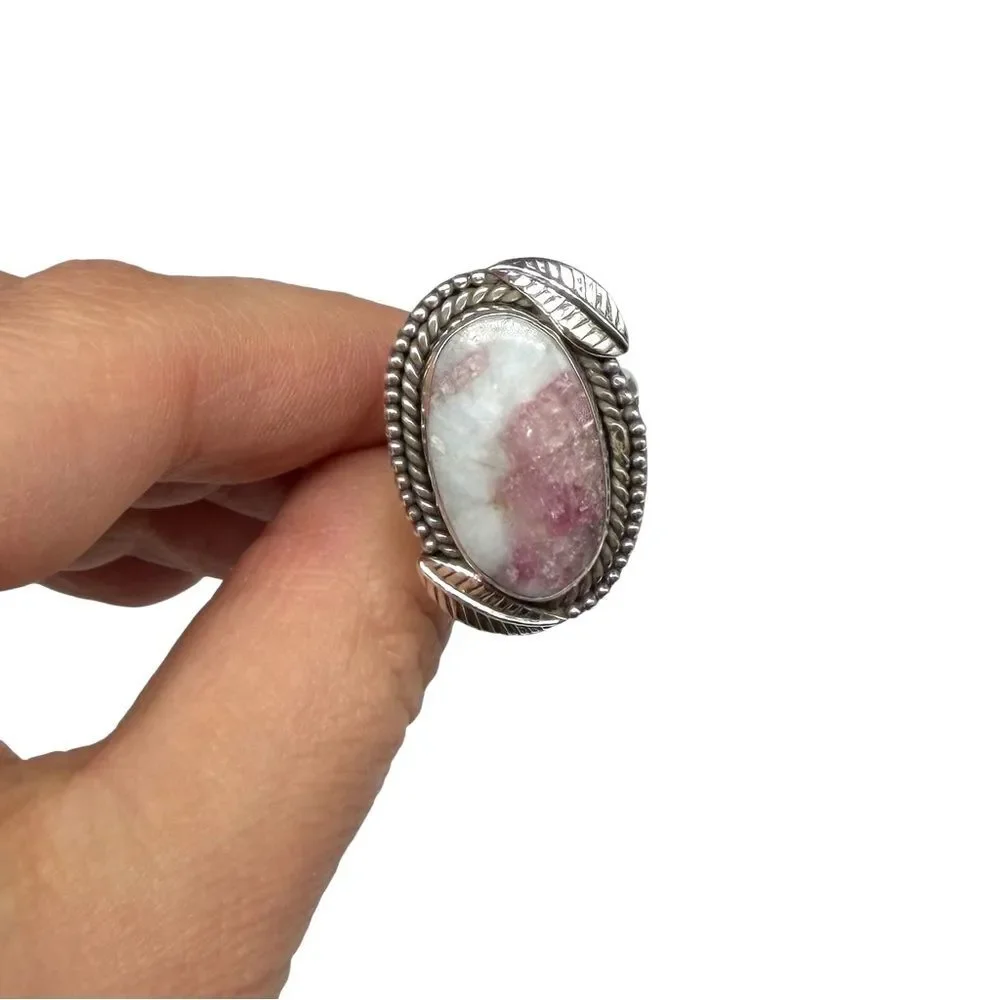 Cinnabar Ring Size 7 Solid 925 Sterling Silver Etched Leaves Oval